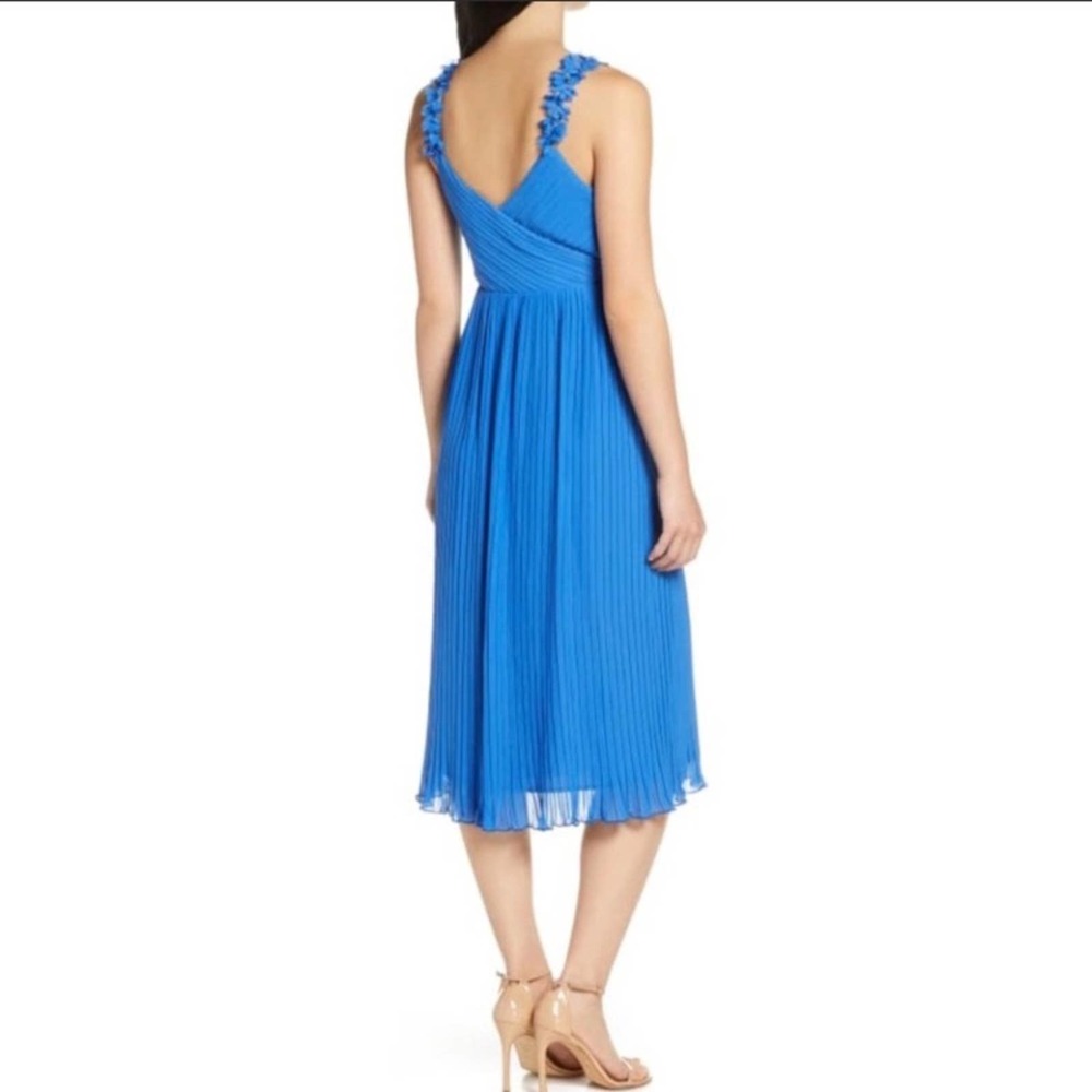 FOXIEDOX Pleated Front Slit Midi Cocktail Dress Women's M Blue - Picture 3 of 11